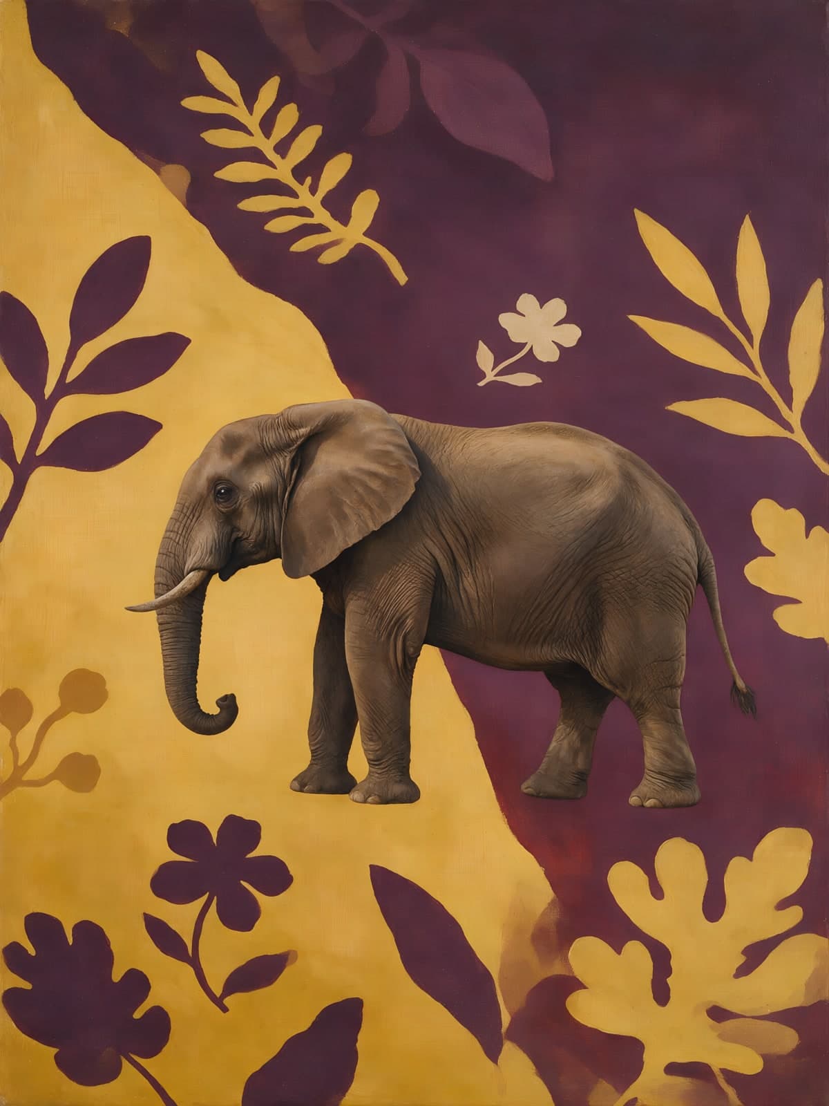 Olifant tussen gele en paarse bladeren