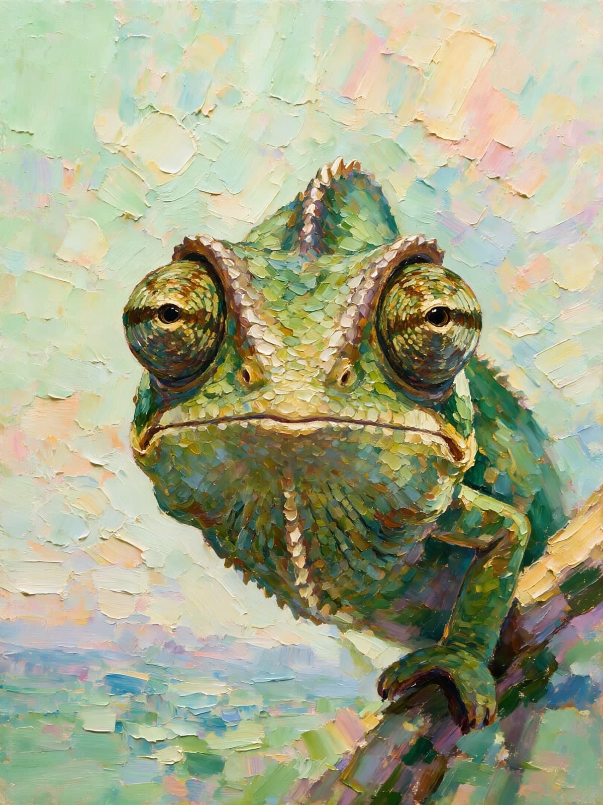 Groene kameleon op een tak tegen pastelkleuren