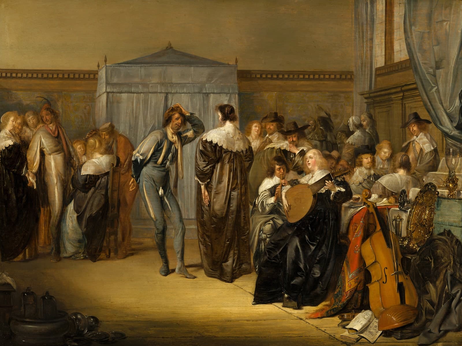Vrolijk gezelschap met gemaskerde dansers