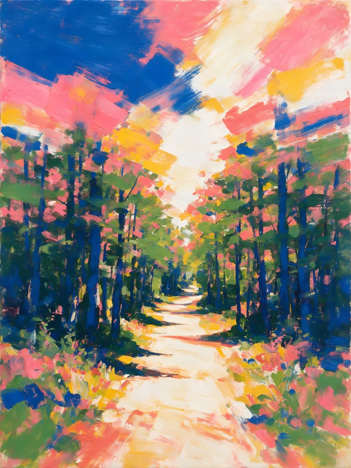 Bospad met roze en blauwe verfvlakken