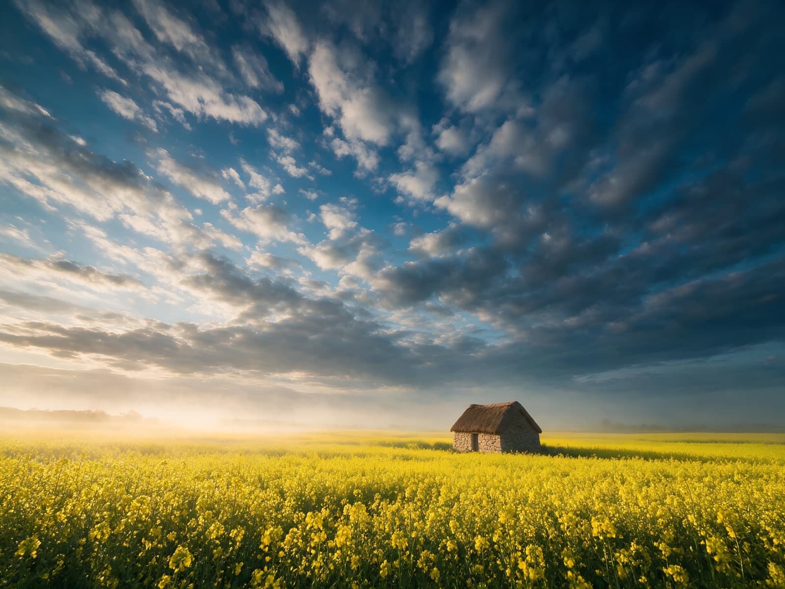 Houten schuur in een koolzaadveld onder wolken
