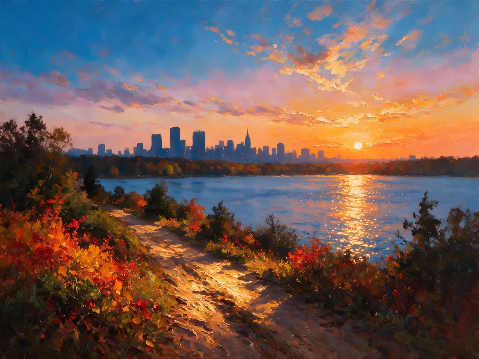 Stadsrand bij zonsondergang aan de rivier