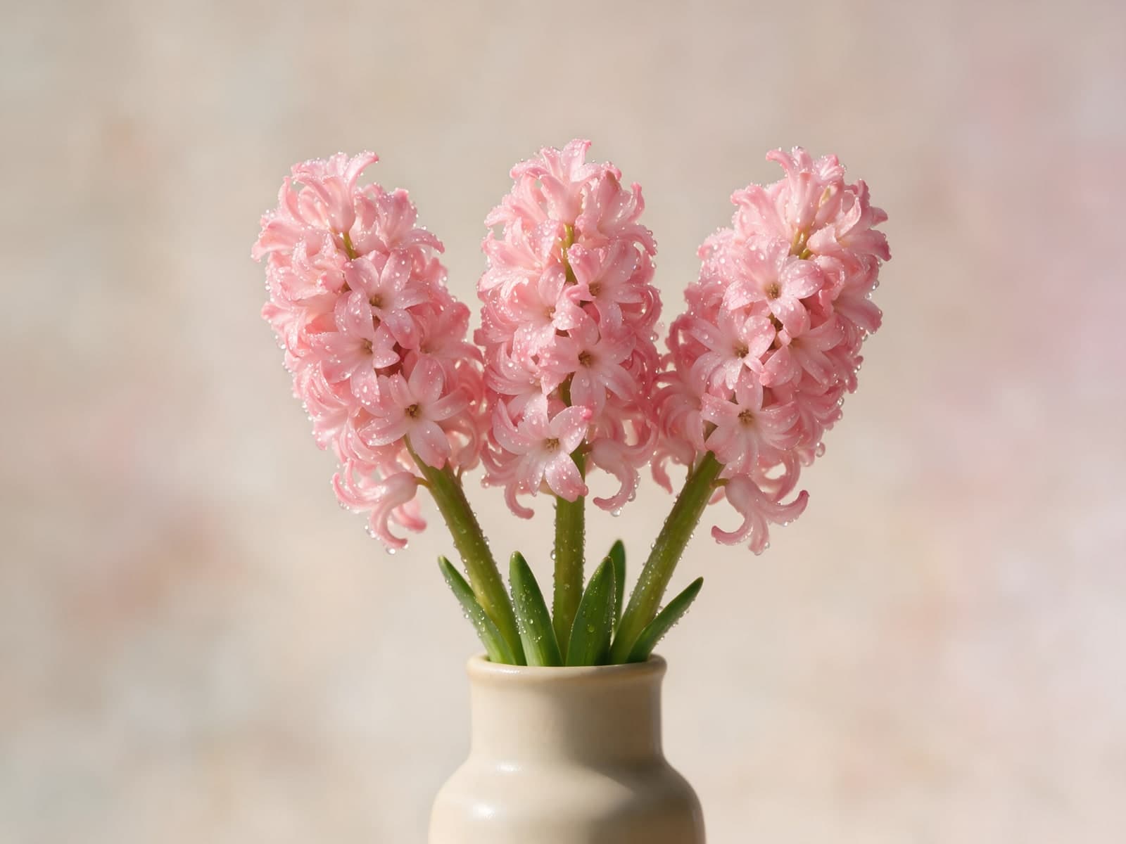 Drie roze hyacinten in een crèmekleurige vaas
