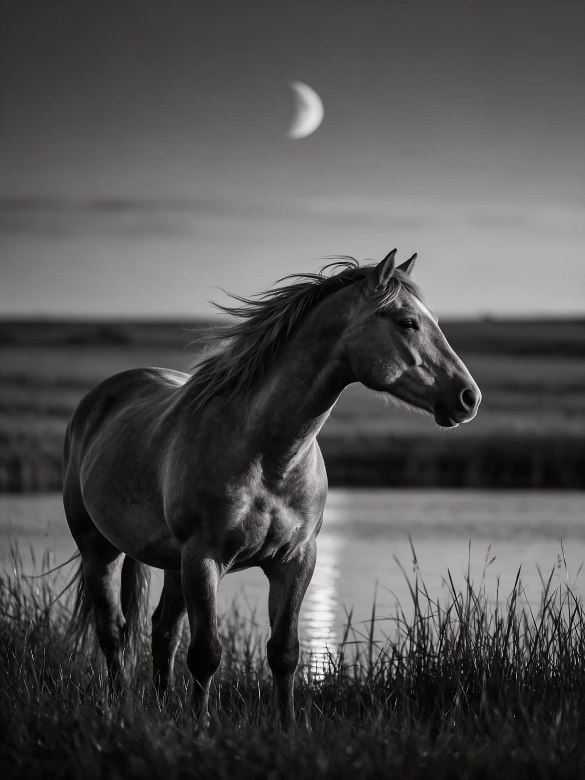 Paard bij het water onder maansikkel