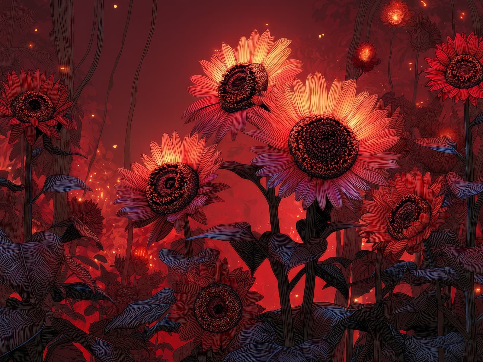 Rode zonnebloemen in vurige schemering