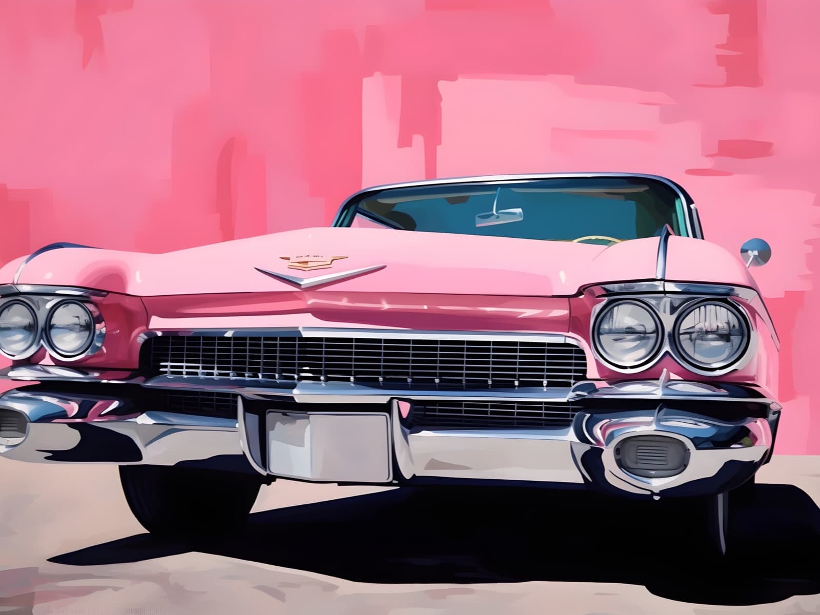 Roze oldtimer met chromen grille