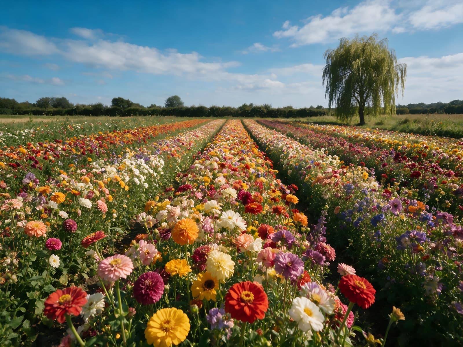 Rijen kleurrijke bloemen onder een treurwilg