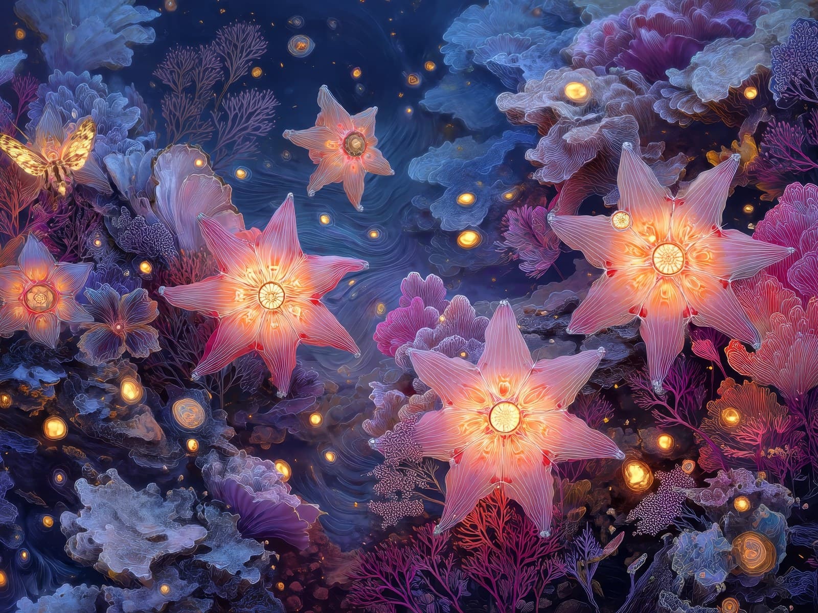 Roze sterbloemen tussen koraalblauwe vormen