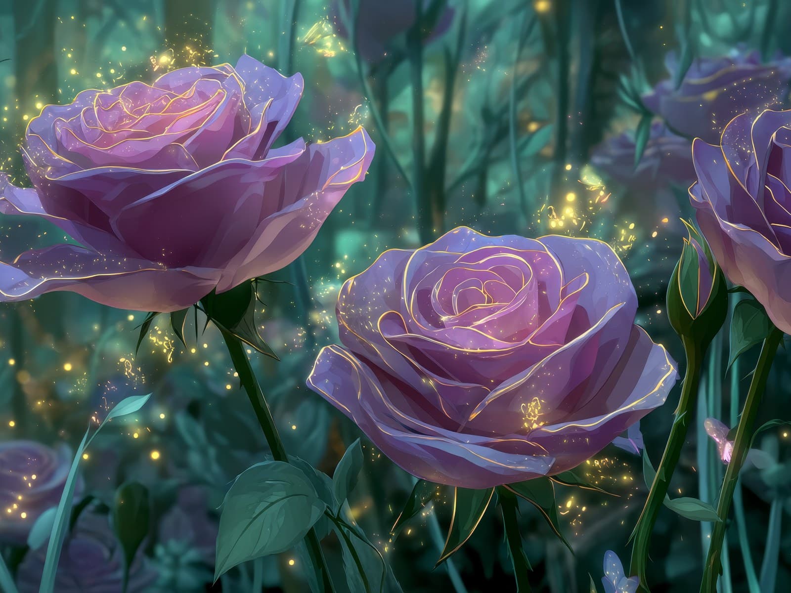 Twee roze rozen tussen groene stengels