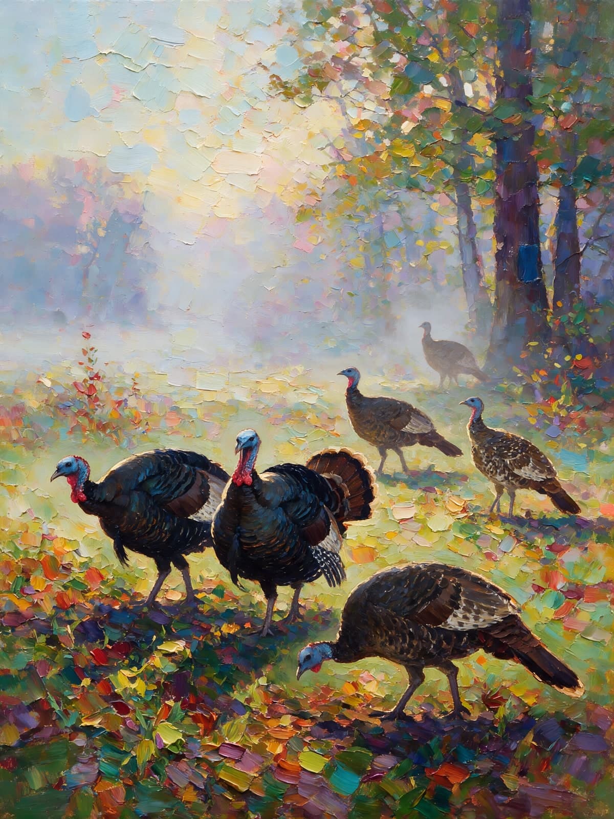 Wilde kalkoenen in een bos vol herfstbladeren