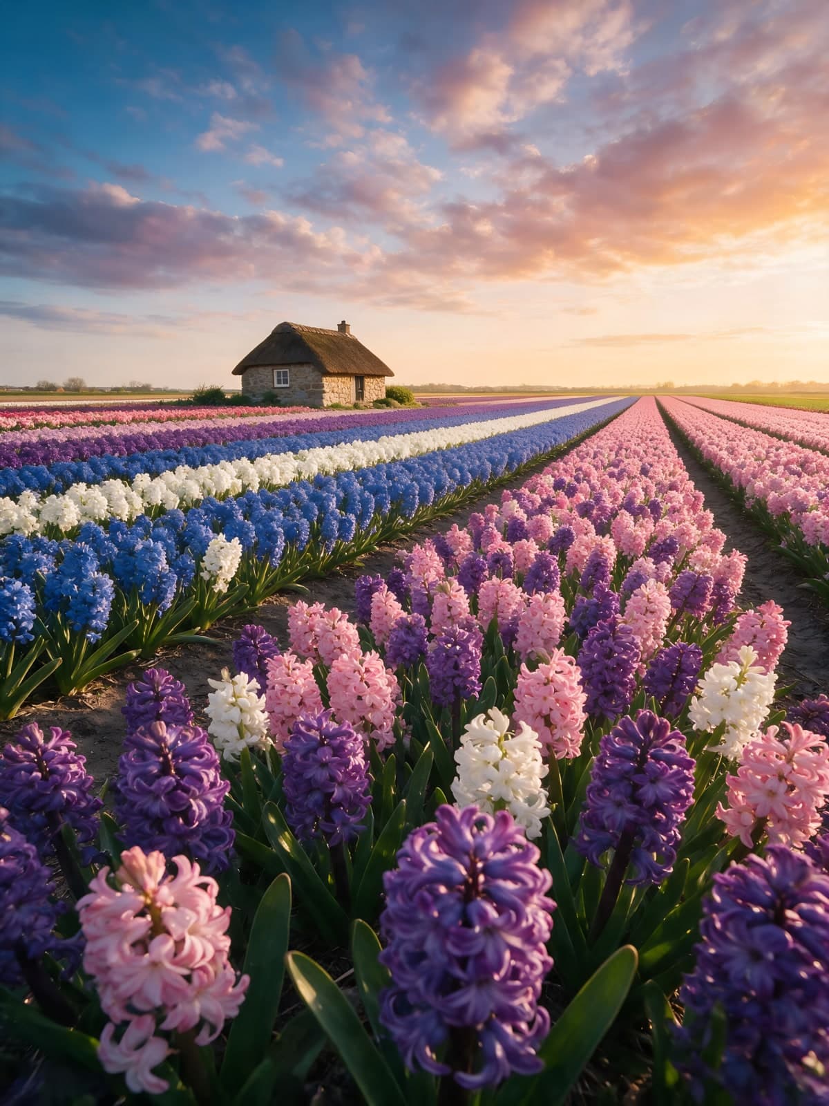 Hyacintenvelden met boerderij onder roze wolken