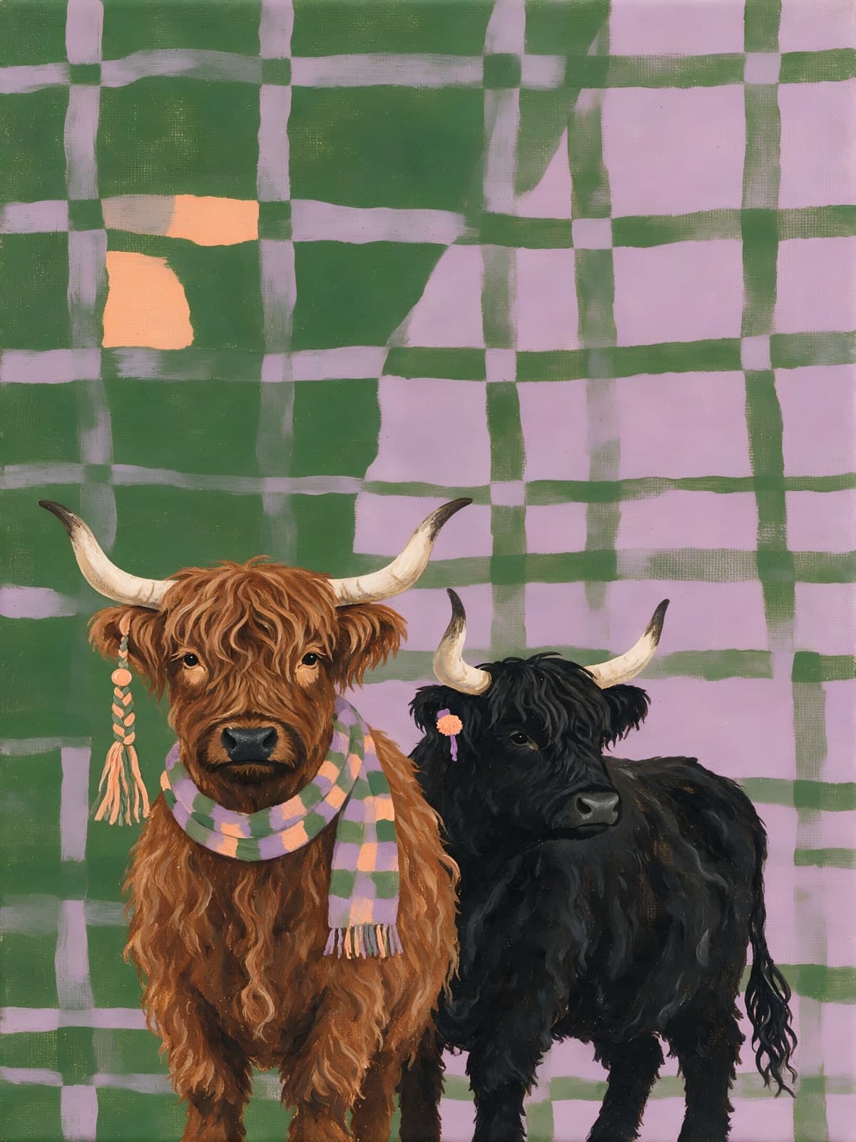Twee hooglanders voor groen en lila ruitpatroon