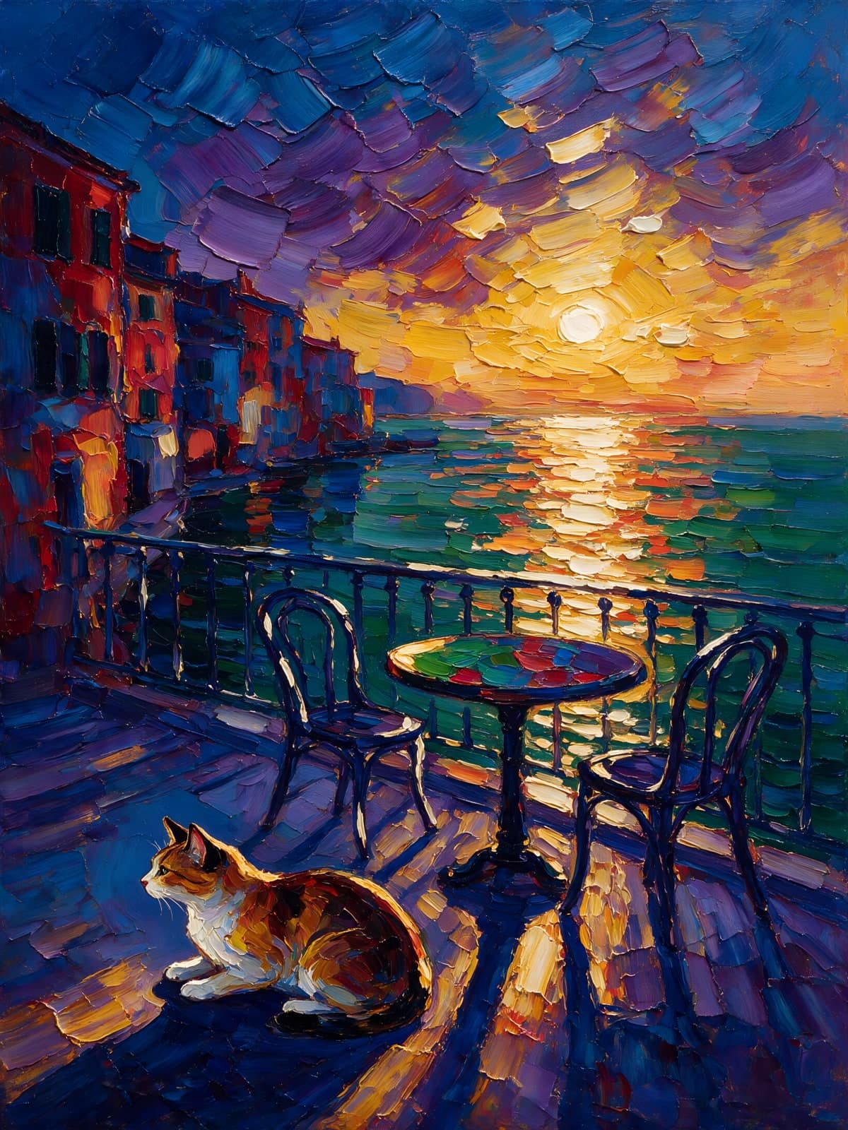 Kat op een balkon bij zonsondergang