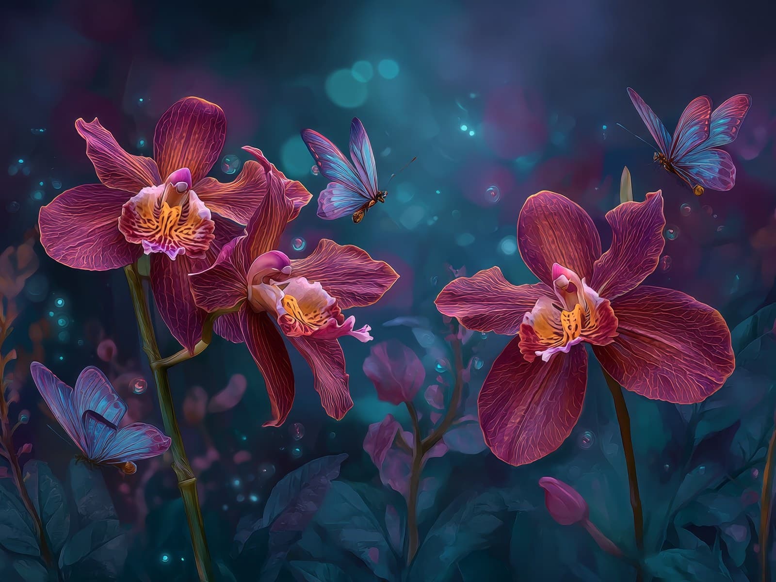 Wijnrode orchideeën met vlinders in blauwgroen licht