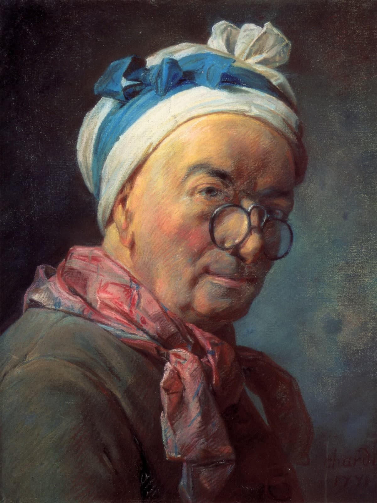 Zelfportret met bril en een roze sjaal