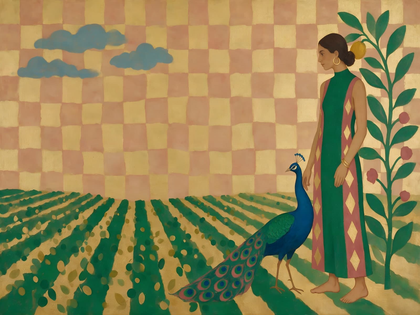 Vrouw met pauw op groene akkerrijen