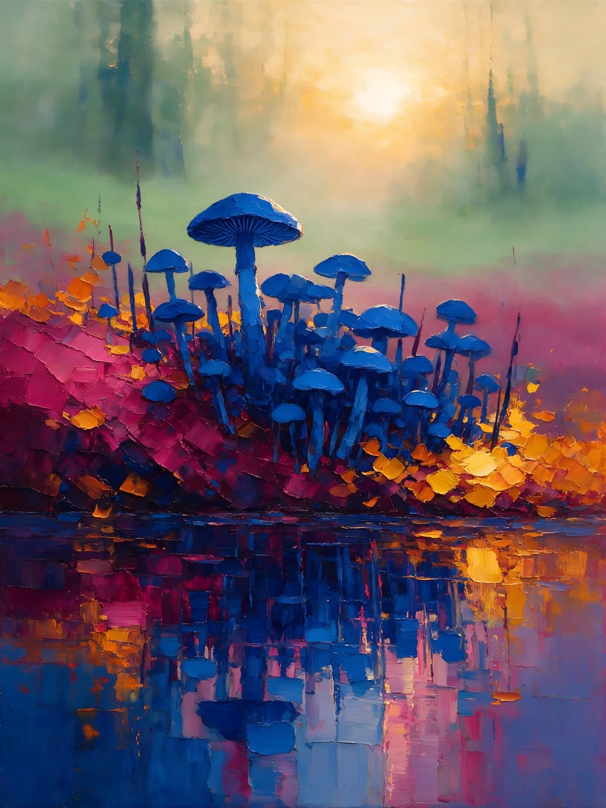 Blauwe paddenstoelen aan weerspiegelend water