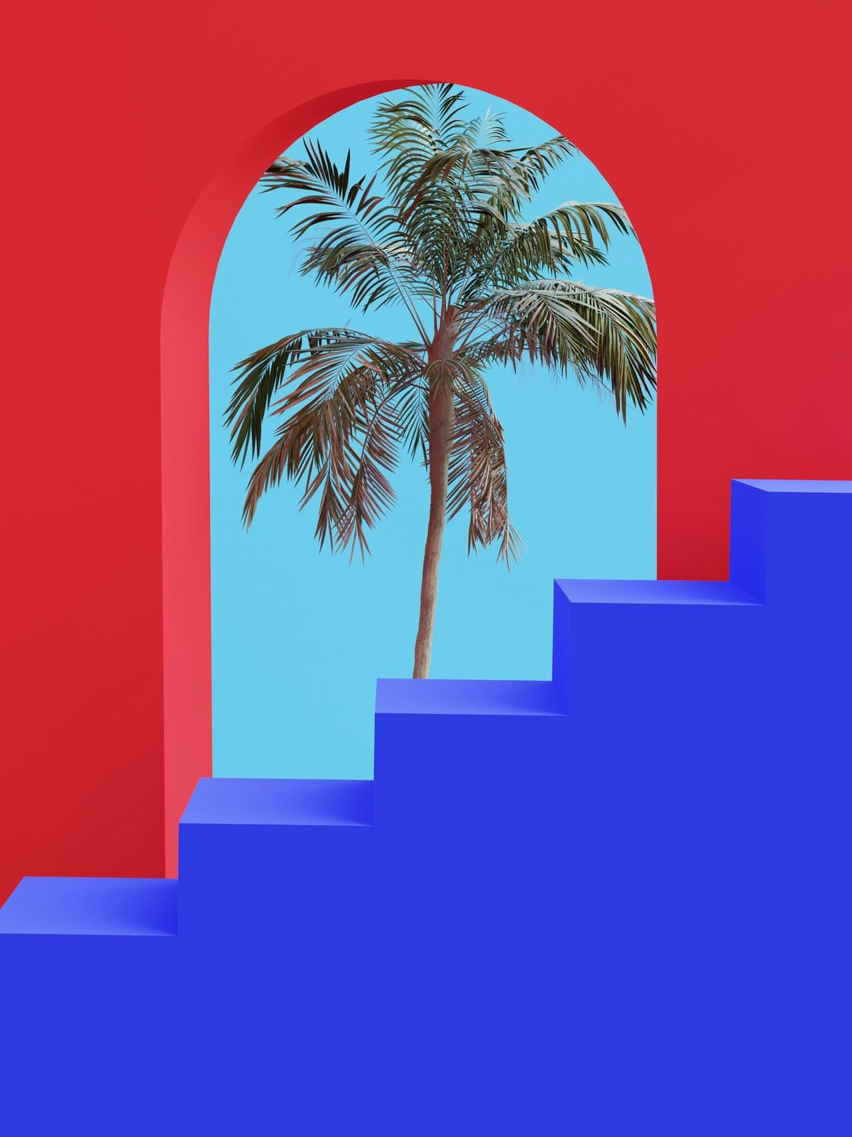 Palmboom in een boog bij blauwe trap