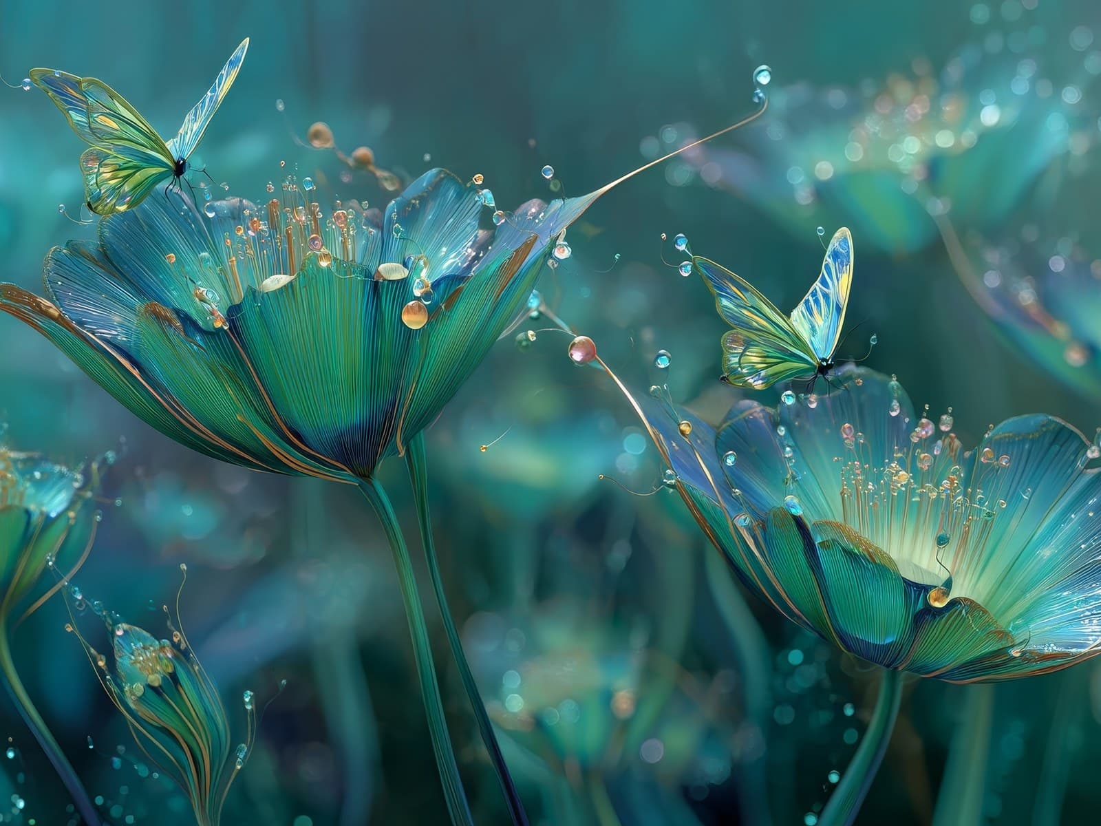 Blauwgroene druppelbloemen met vlinders