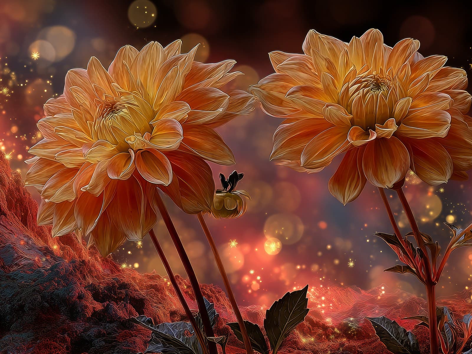 Oranje dahlia's met een wolk van lichtjes