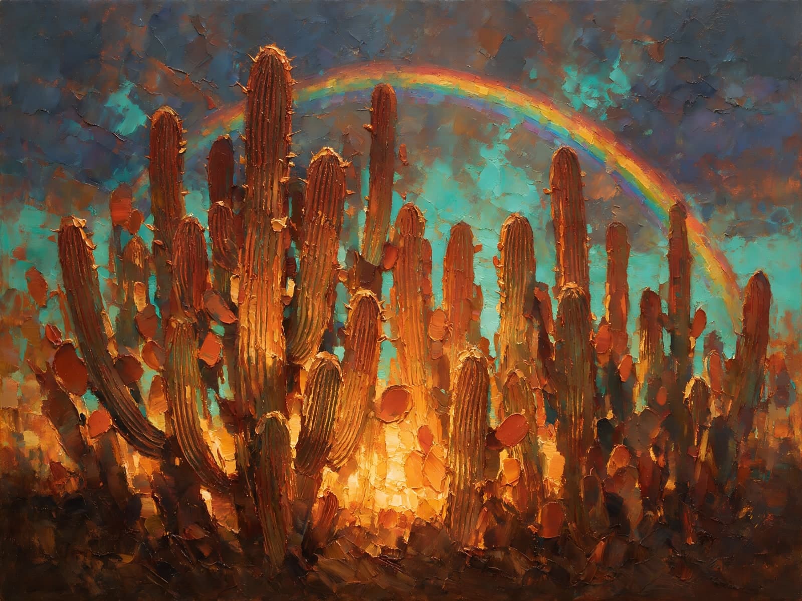 Gloeiende cactussen onder een regenboog