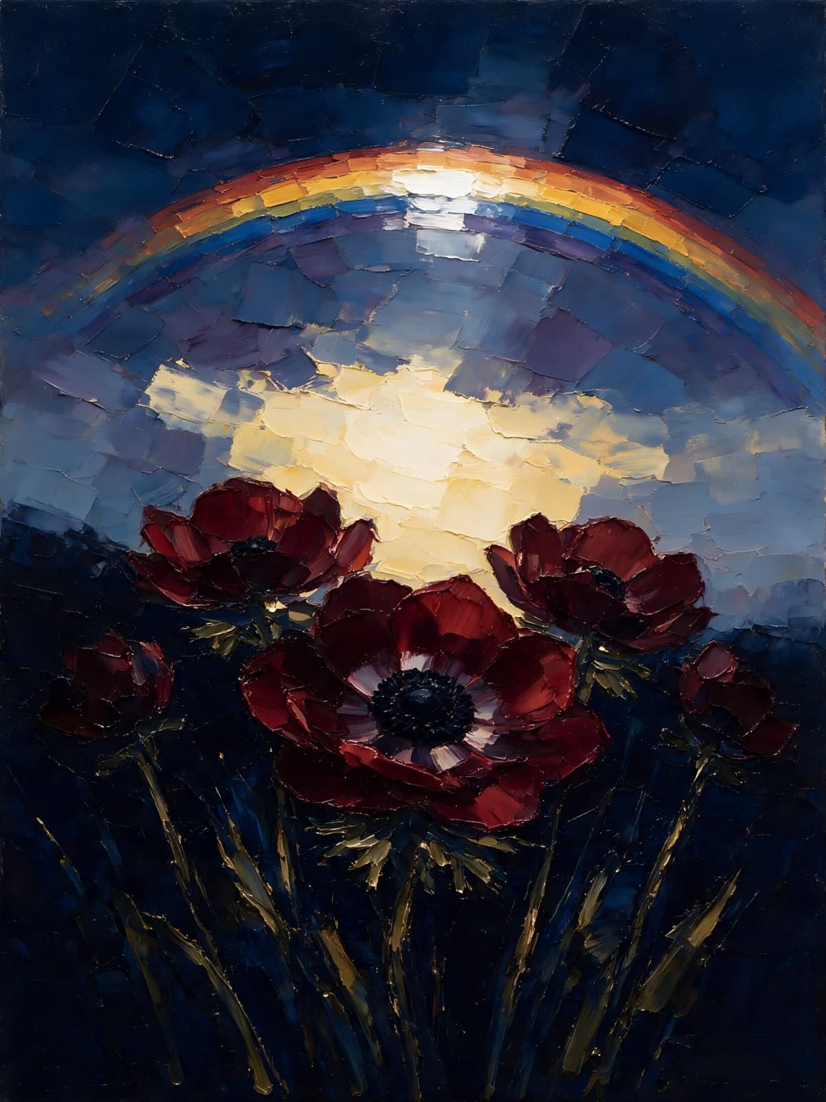 Rode anemonen onder regenboog en donkere hemel