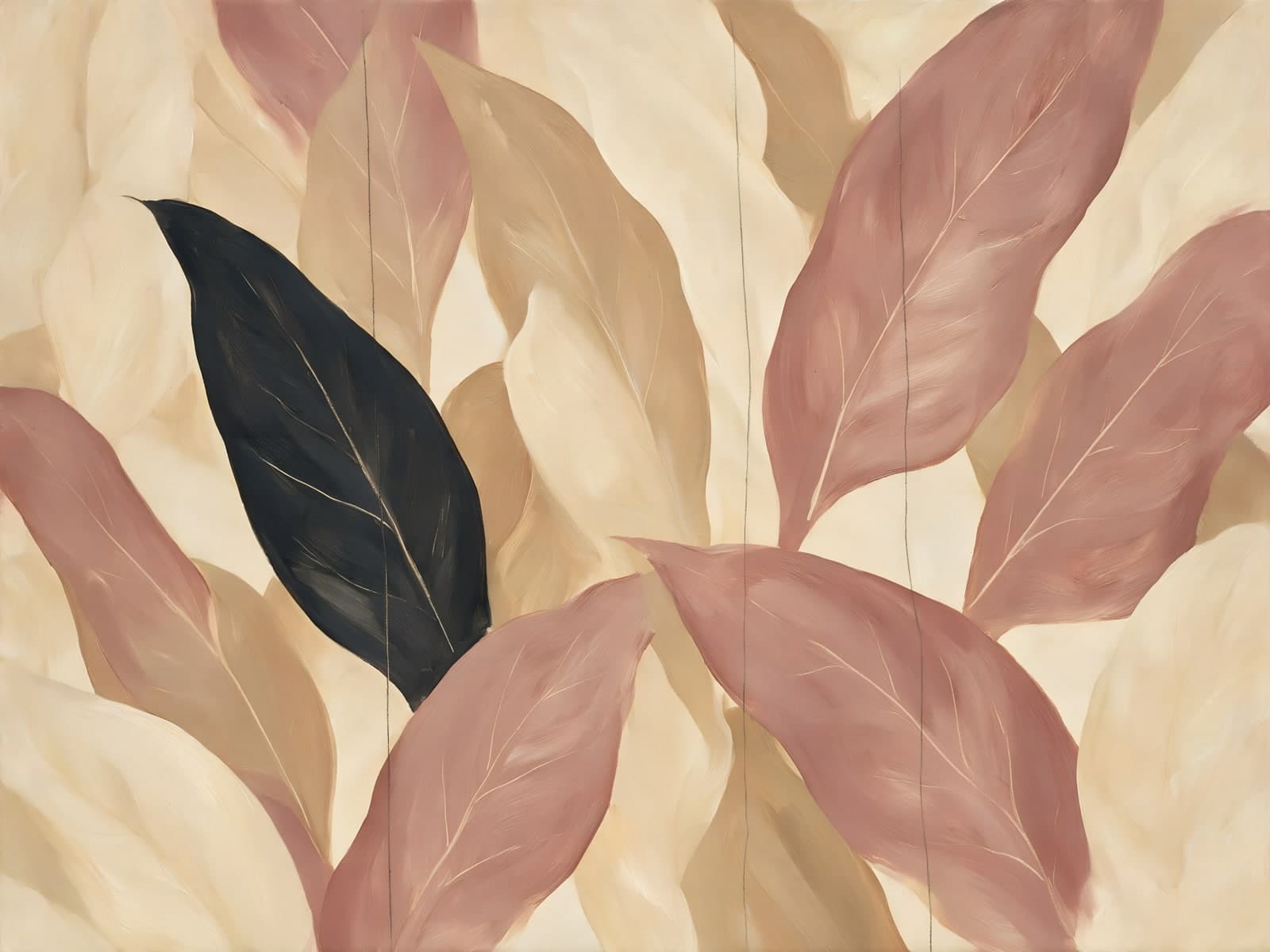 Zwart blad tussen roze en beige bladeren