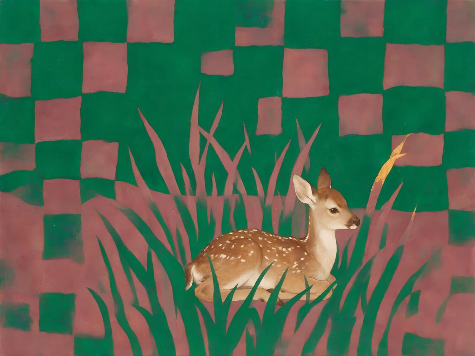 Reekalf in groen gras voor een blokpatroon