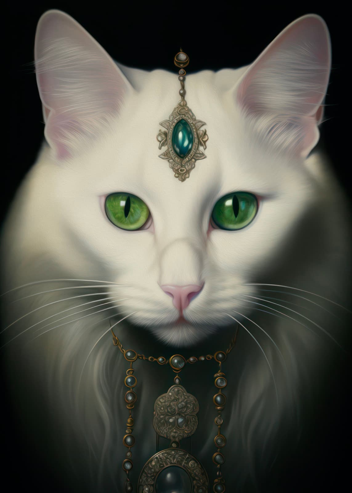 Witte kat met groene ogen en broche
