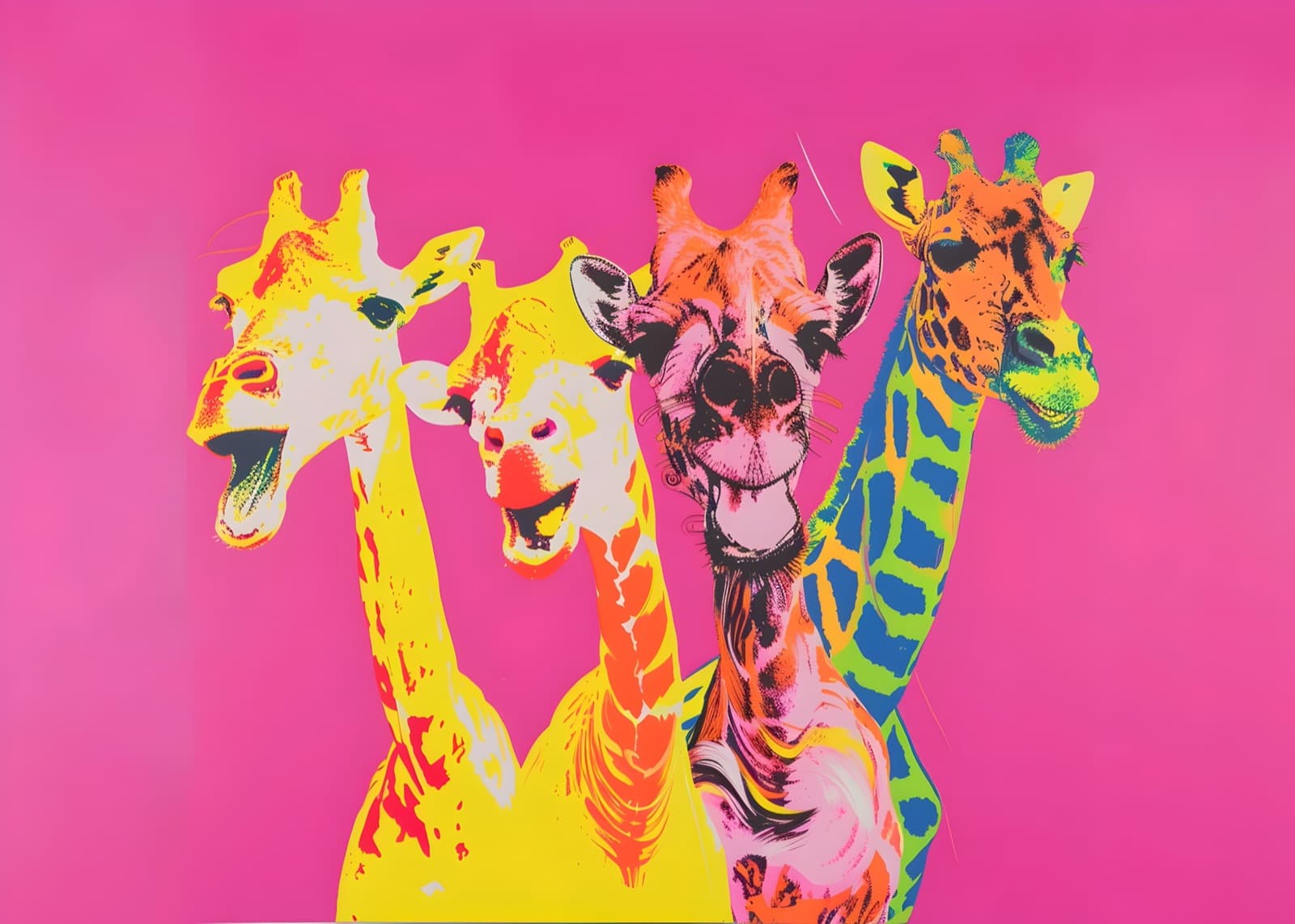 Vier lachende giraffen op roze achtergrond