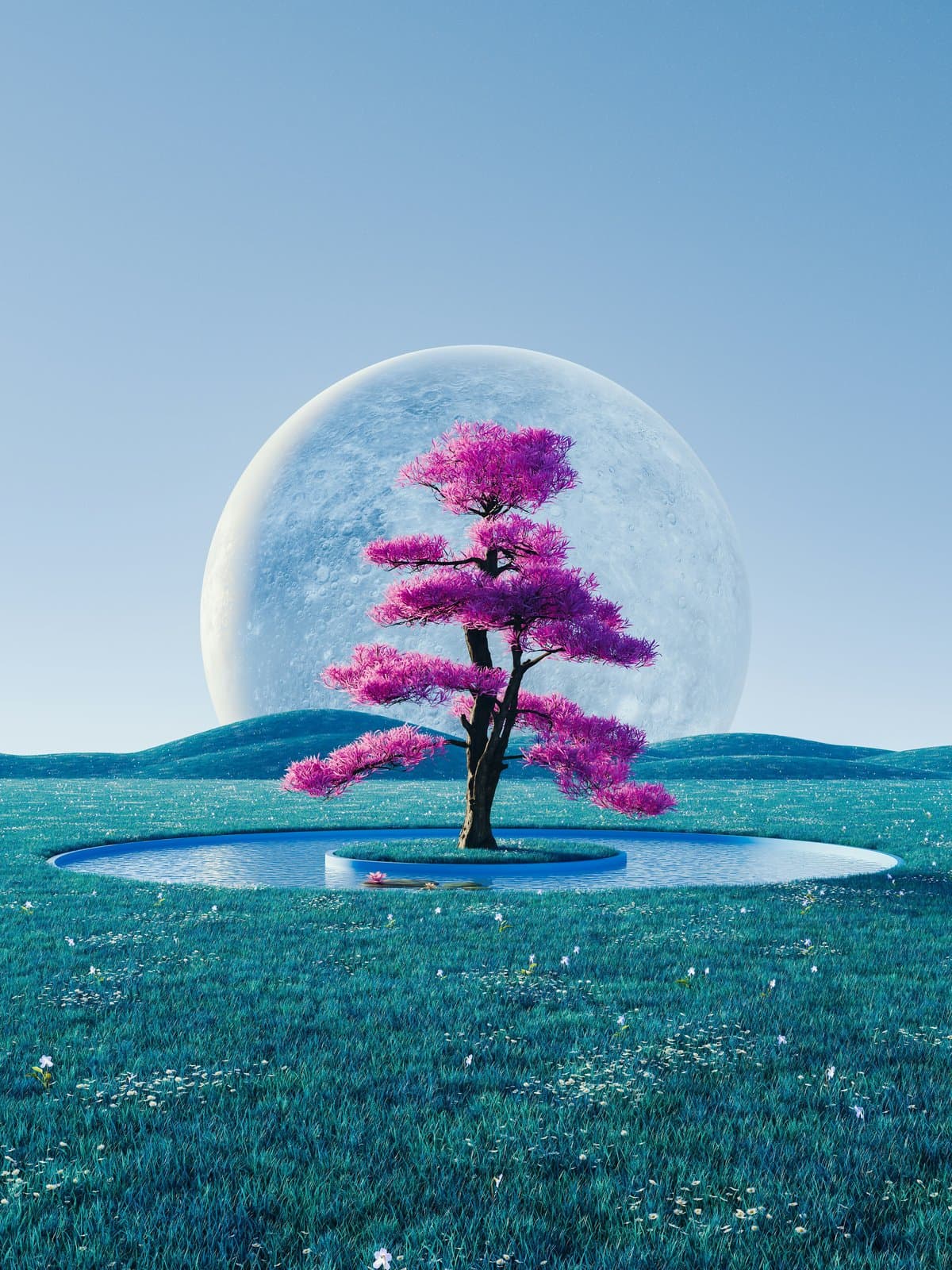 Roze boom voor een maan in vijver