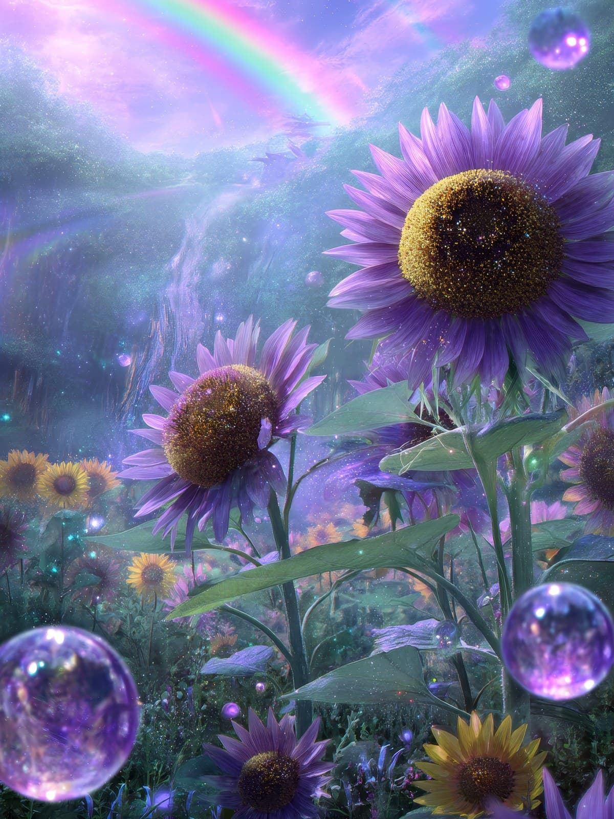 Paarse zonnebloemen onder een regenboog