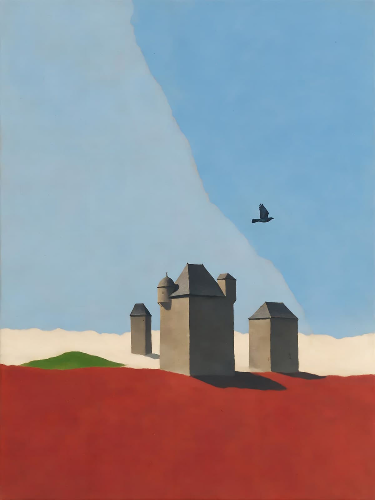 Grijze torens op rode heuvel met vogel