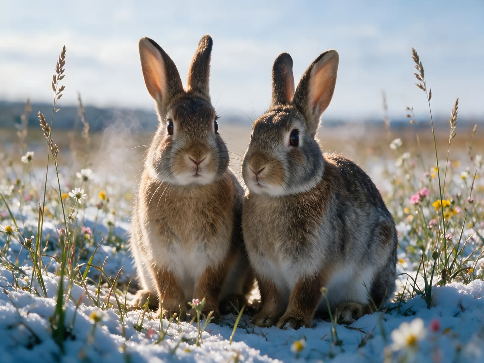 Twee konijnen in sneeuw tussen veldbloemen