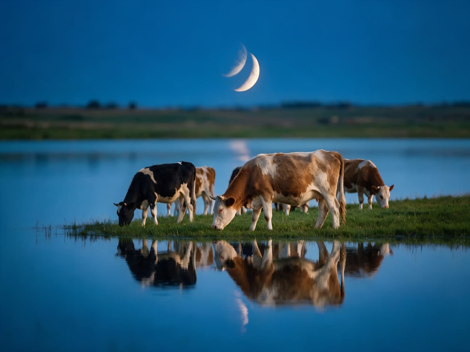 Koeien aan water onder smalle maan