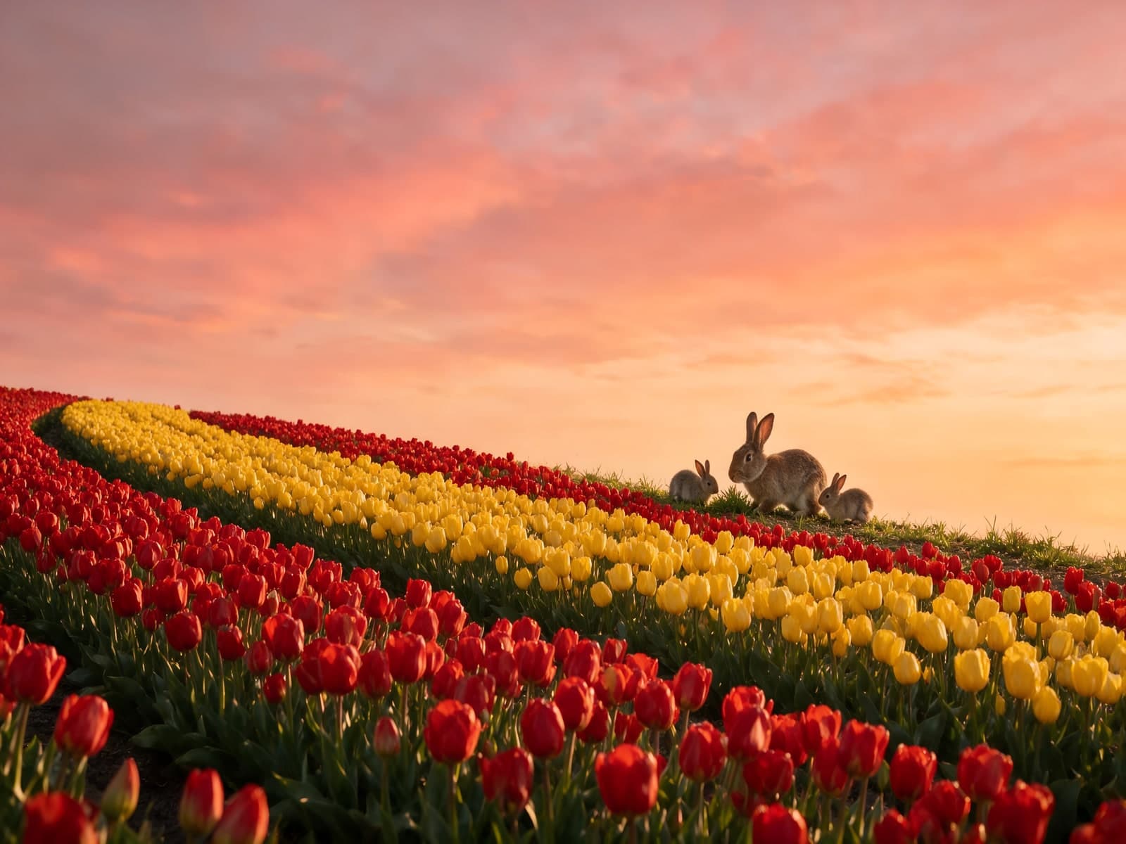 Konijnen bij tulpenvelden onder roze lucht