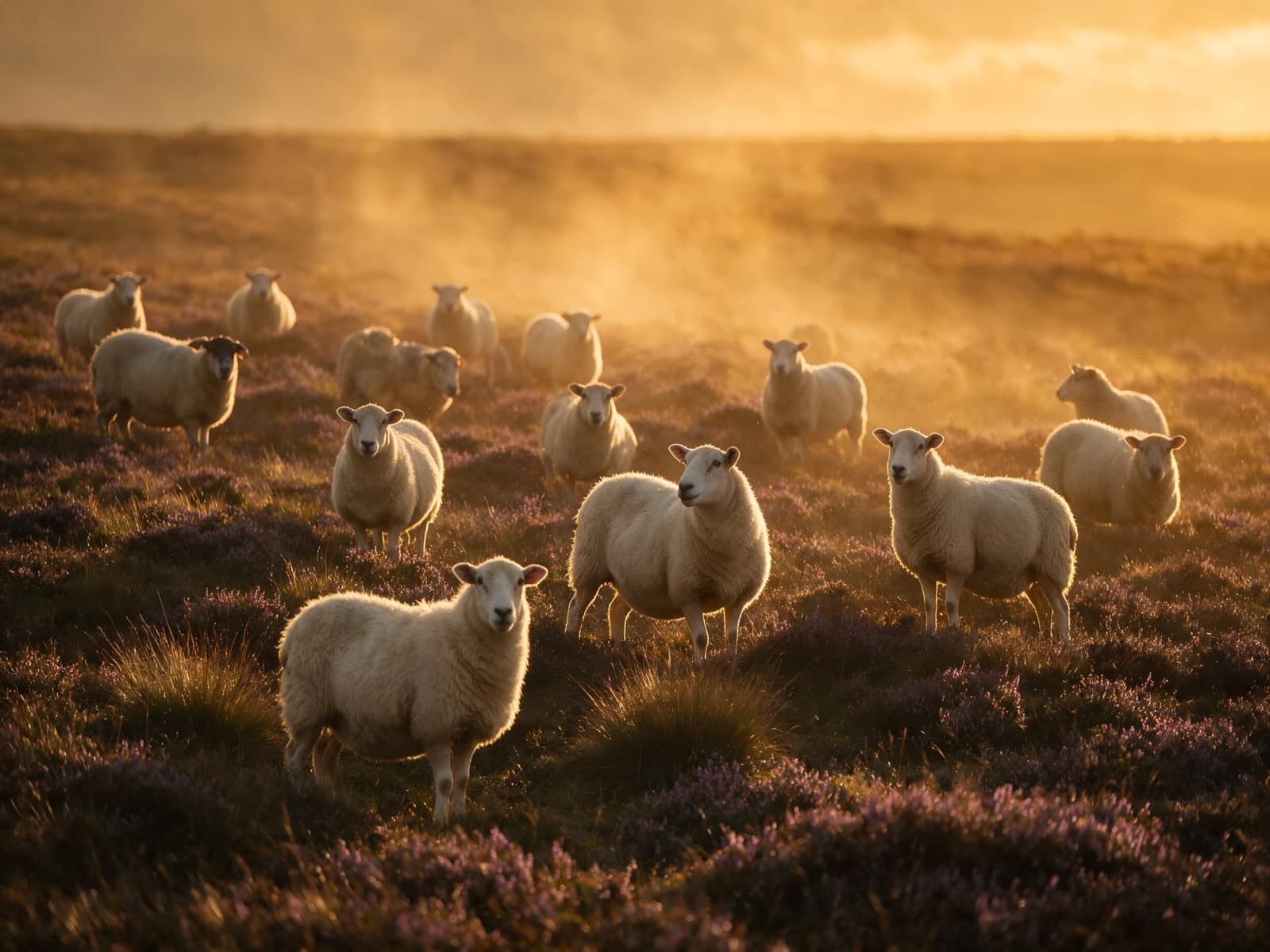 Schapen in de heide bij opkomende zon
