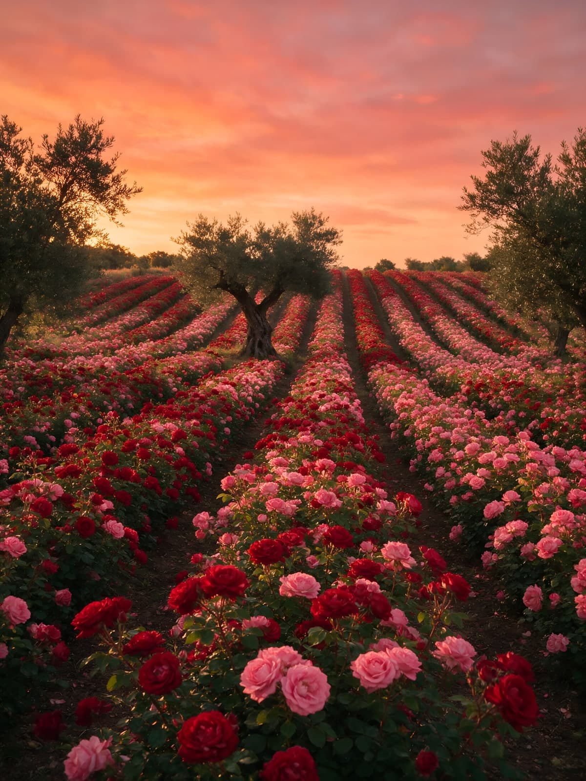 Rozenvelden met bomen onder een roze avondlucht