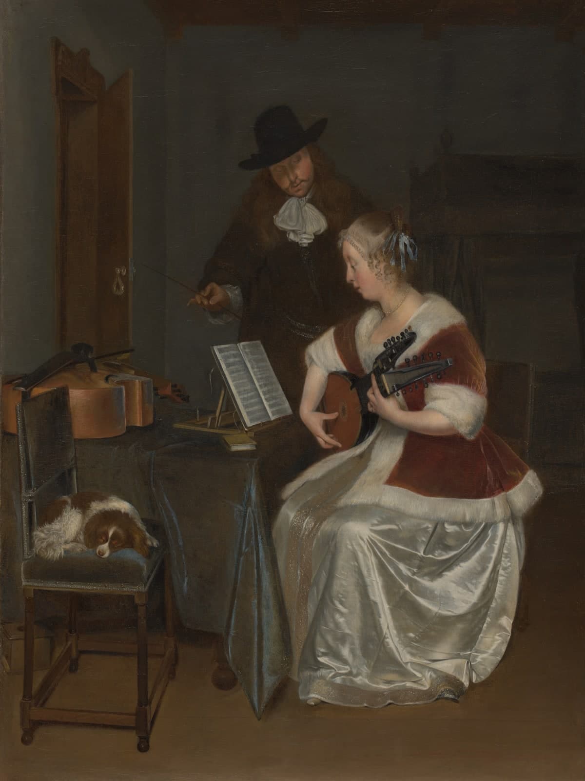 De muziekles met een witte satijnen jurk