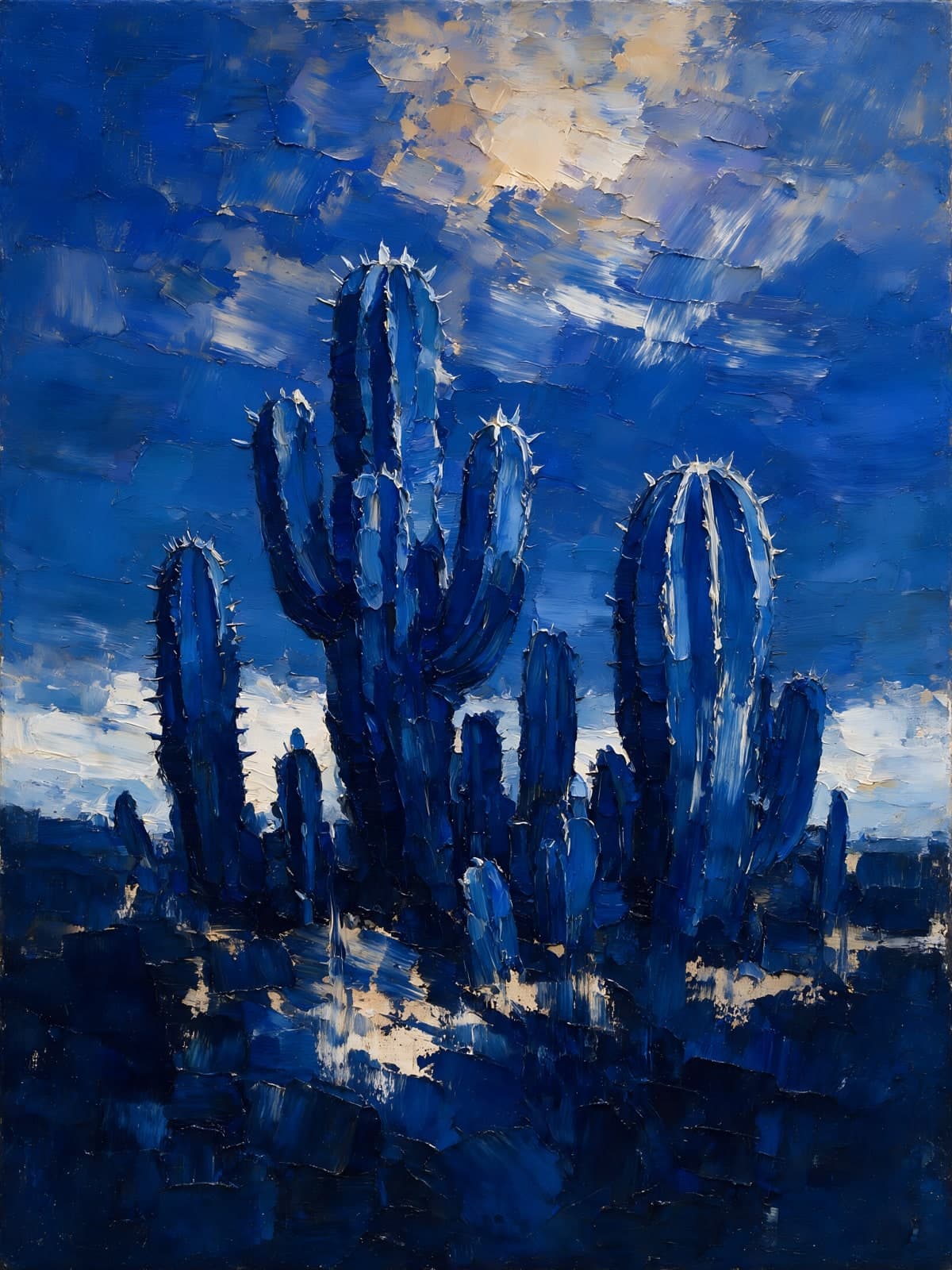 Blauwe cactussen onder een bewolkte nachthemel