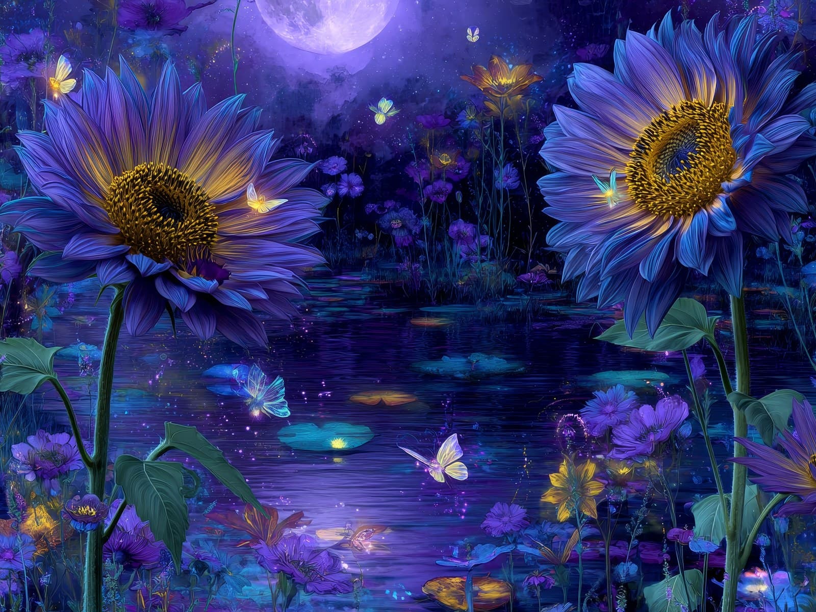 Blauwe zonnebloemen aan een maanverlichte vijver