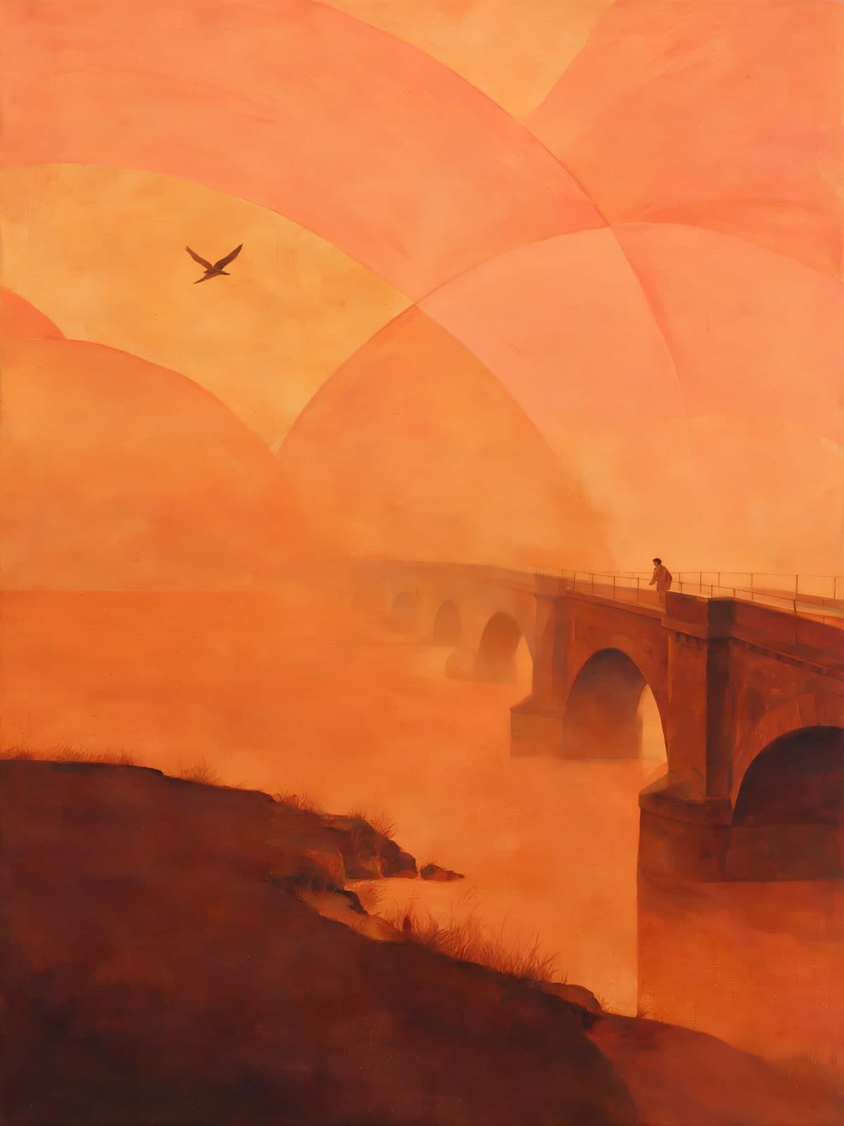 Oranje brug in mist met een vogel