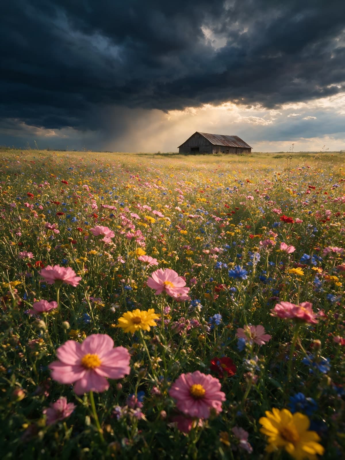 Bloemenweide met schuur onder onweerslucht