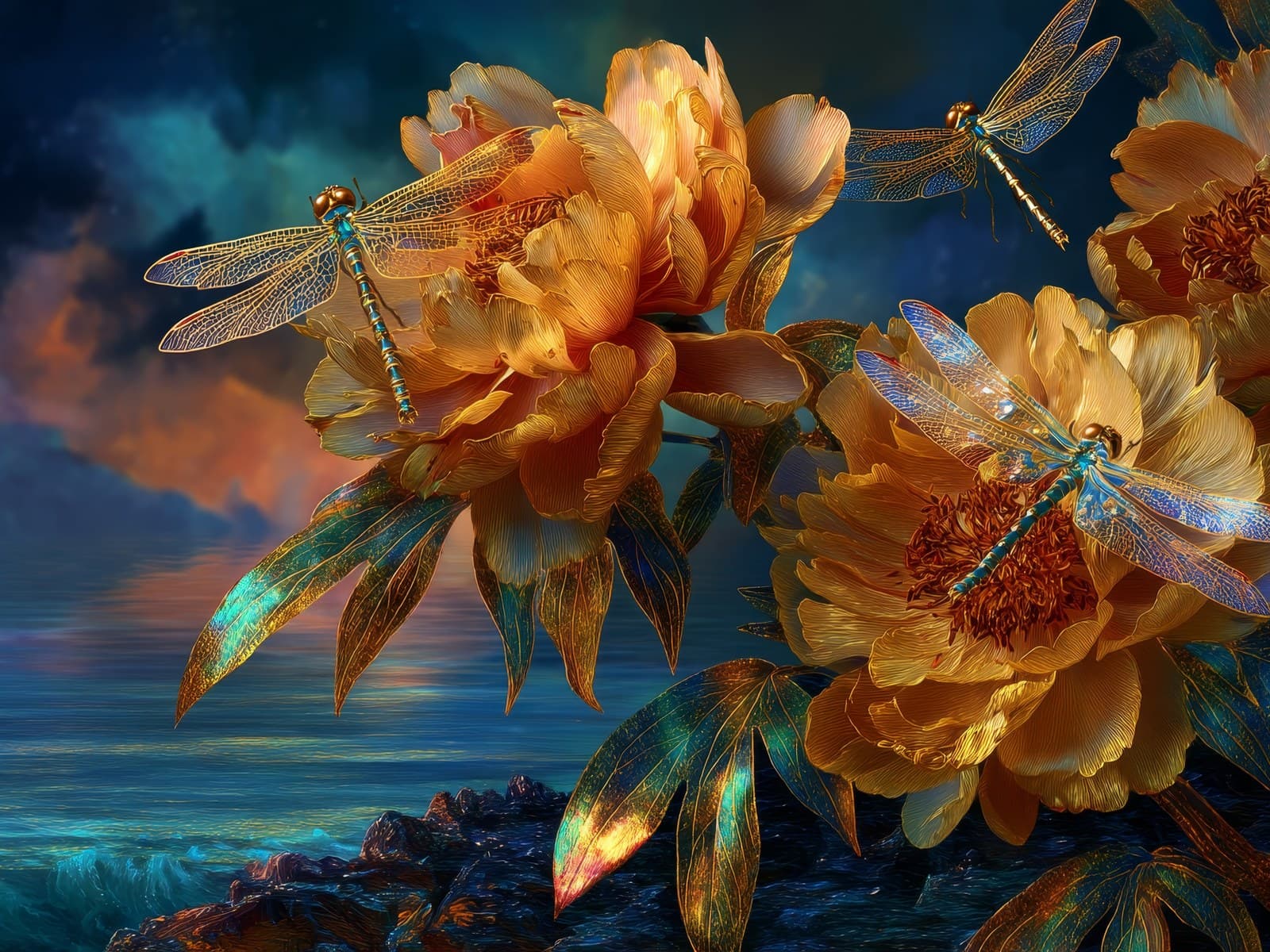 Gele bloemen en libellen bij de kust