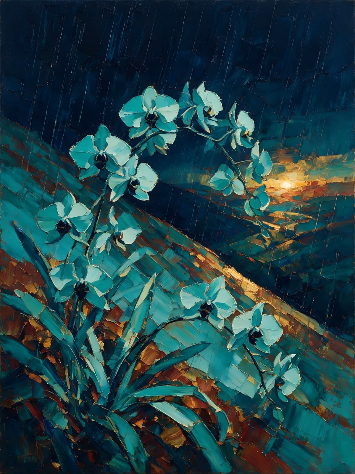 Turquoise orchideeën in regen bij laatste licht