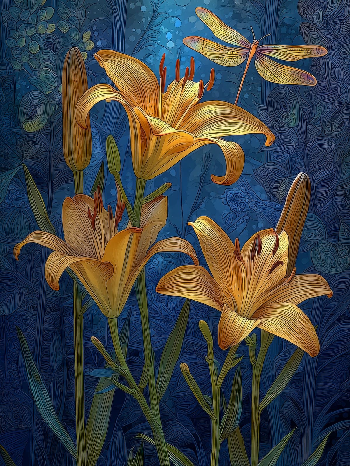 Gouden lelies op een blauw patroon
