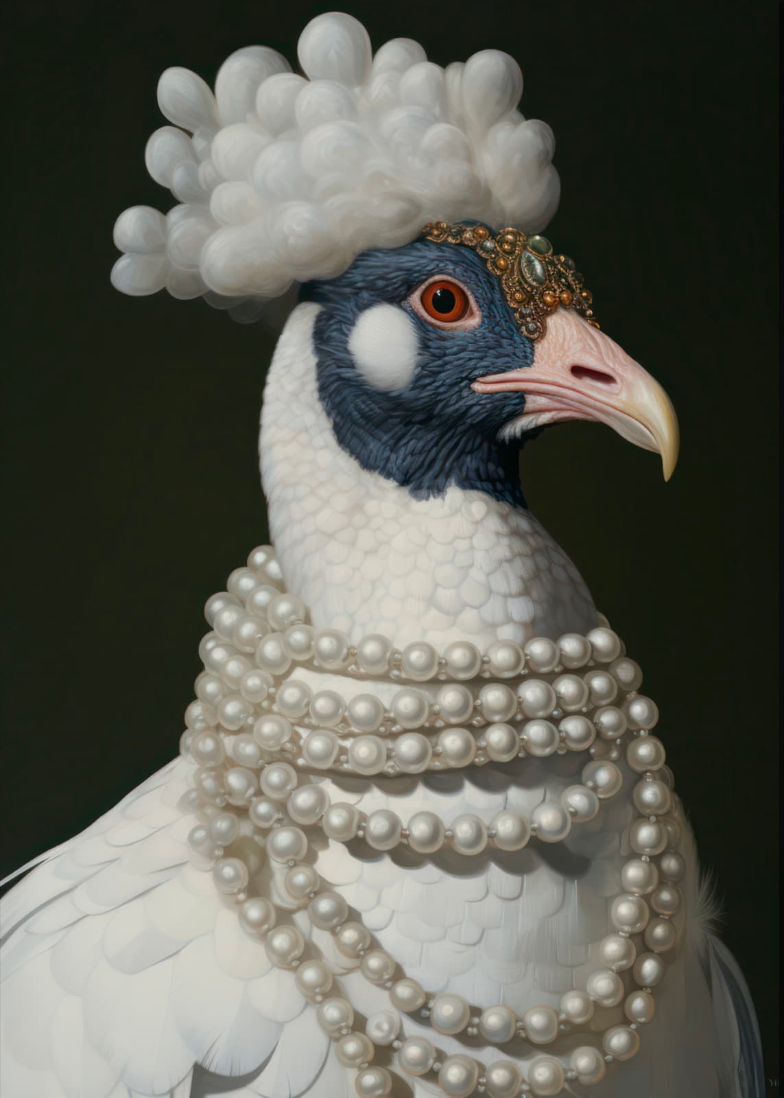 Witte vogel met parelsnoeren en wolkenkuif