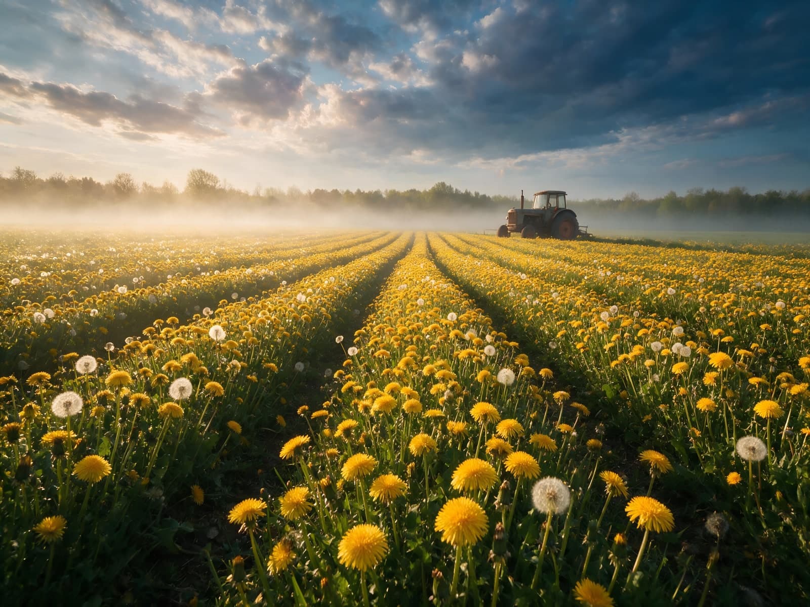 Paardenbloemen en tractor in ochtendmist