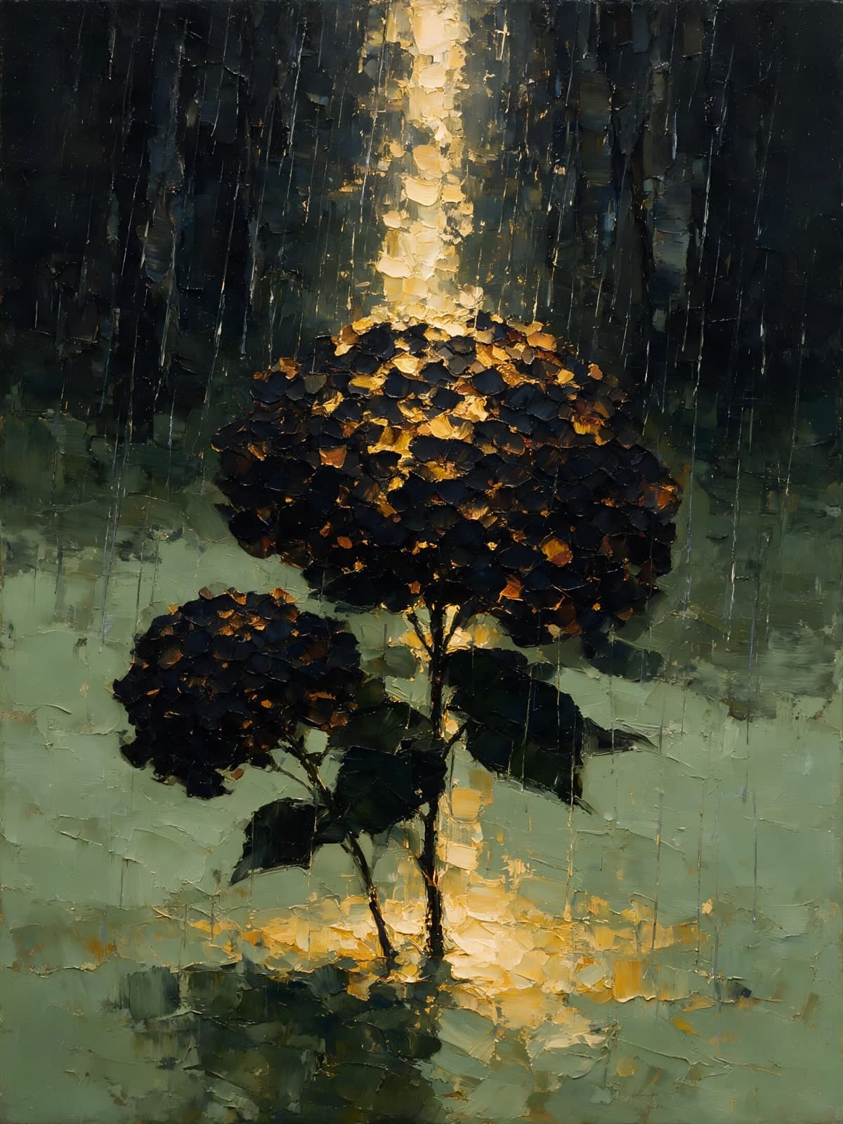 Donkere hortensia in een bundel gouden licht