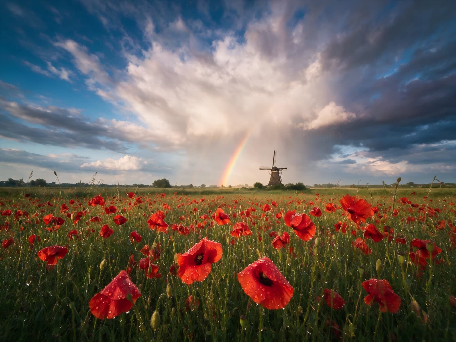 Rode klaprozen bij een molen en regenboog